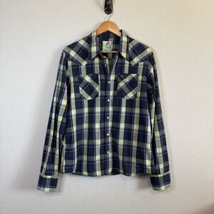 Hollister Pearl Snap Blue Plaid Retro Long Sleeve Western Style Shirt Size Large